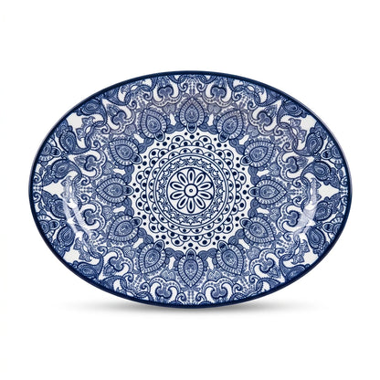 Che Brucia Oval porcelain plate – 30 CM or 35 CM | Green or Blue | Glossy Decorative Porcelain Serving Plate with Raised Rim and Ornamental Pattern - Blue / 30 CM - Image 1