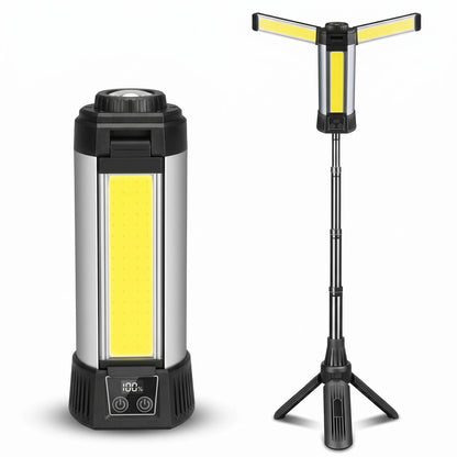 Super Bright Work Light – P50 LED + 3*COB | Rechargeable LED Floodlight, Multiple Light Panels, Mobile Phone Power Bank, Black and Silver