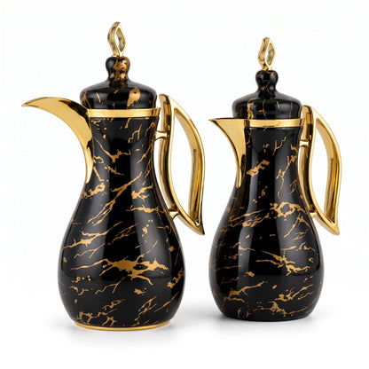 Pilsco 2-Piece Marble Black - Gold Decorative Vacuum Flask Set | Arabic Design, Stainless Steel, 1.0 + 1.0 L