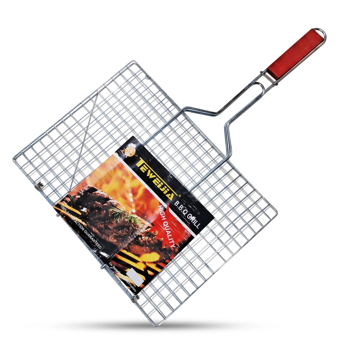 Teweijia Portable Barbecue Grill Foldable with Handle – 60 × 39 × 2 cm Silver Wire BBQ Grill Basket Rack with Long Handle