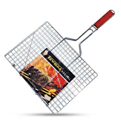 Teweijia Portable Barbecue Grill Foldable with Handle – 60 × 39 × 2 cm Silver Wire BBQ Grill Basket Rack with Long Handle
