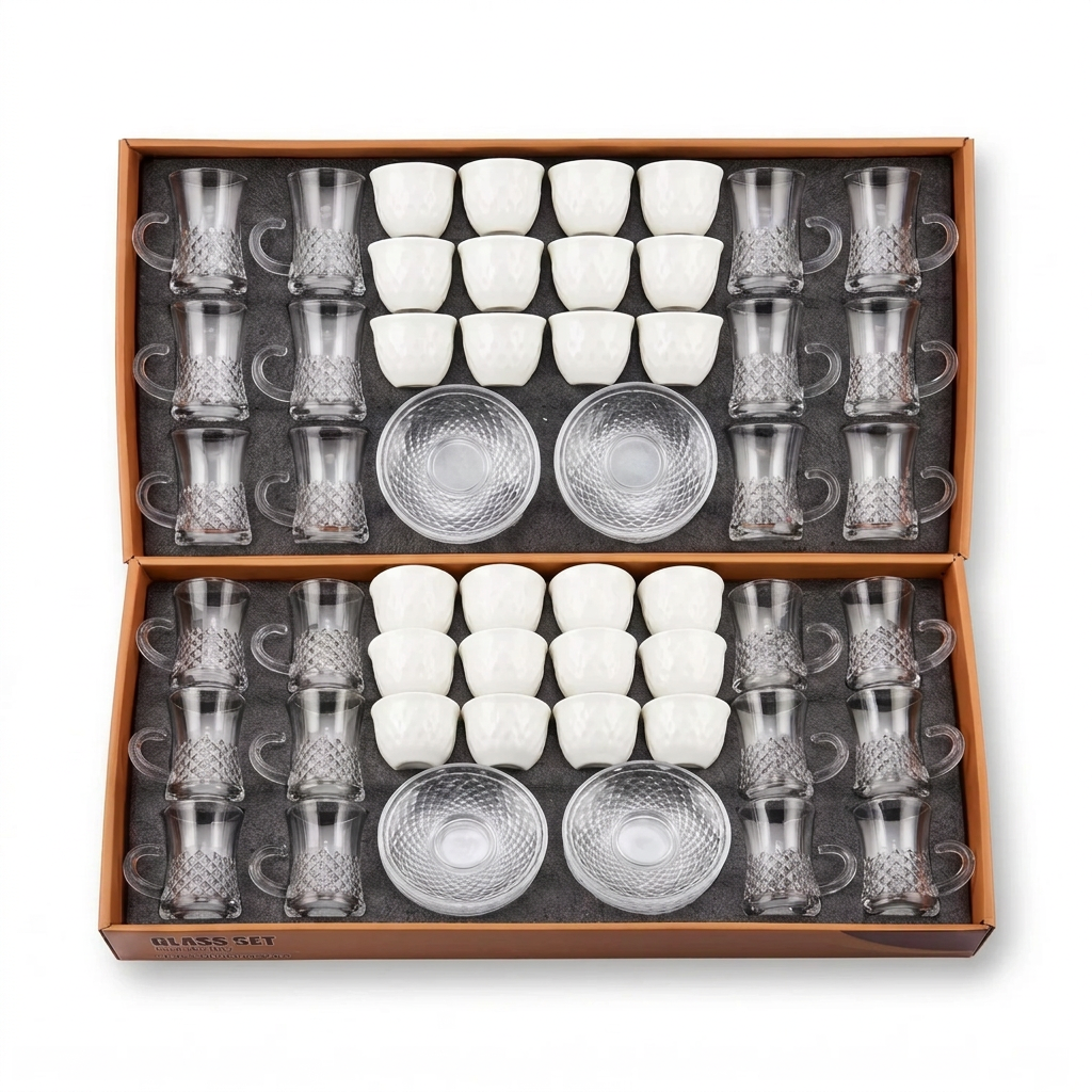 36-Piece Cups and Saucers Set – 12 Clear Glass Tea Cups, 12 Fine Porcelain Arabic Coffee Cups & 12 Textured Glass Saucers