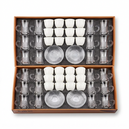 36-Piece Cups and Saucers Set – 12 Clear Glass Tea Cups, 12 Fine Porcelain Arabic Coffee Cups & 12 Textured Glass Saucers