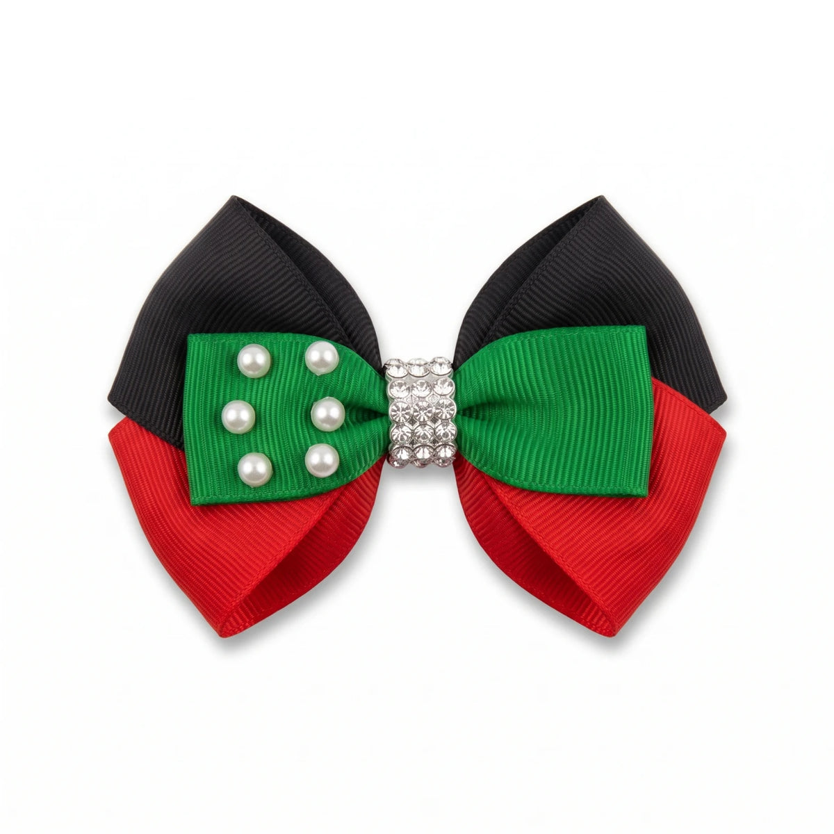 UAE Color Hair Clip – Layered Black, Green and Red Bow with Faux Pearls and Silver-Tone Jeweled Centre for National Day Styling