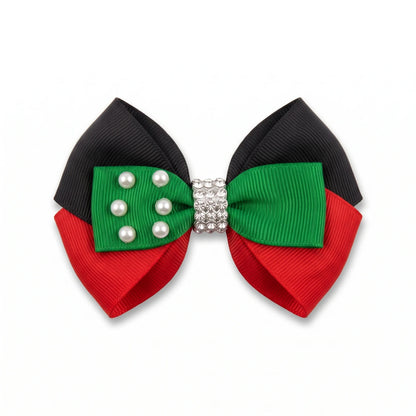 UAE Color Hair Clip – Layered Black, Green and Red Bow with Faux Pearls and Silver-Tone Jeweled Centre for National Day Styling