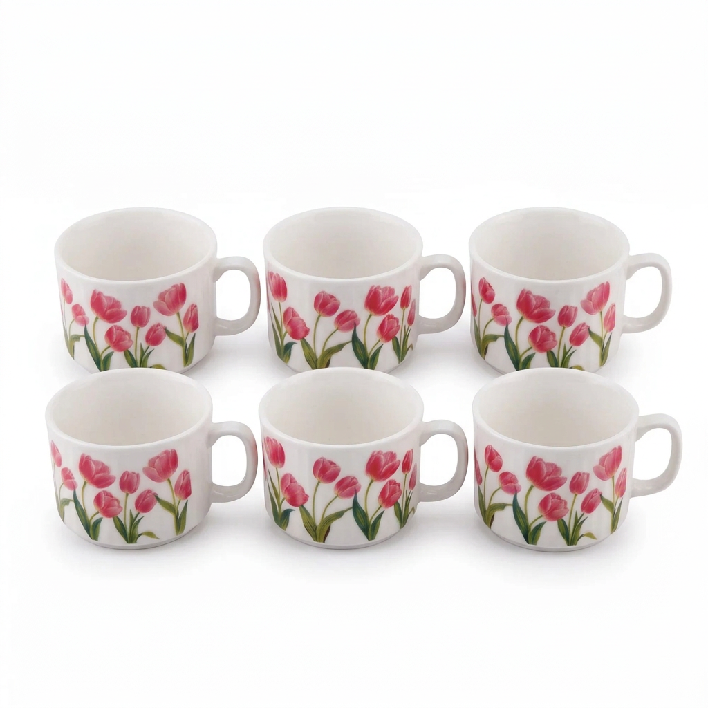 Porcelain Coffee Cup Set, 6 Pieces – White Floral Tulip Design, Handled Cups set for Tea, Coffee and Guest Serving