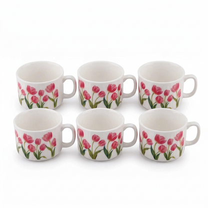 Porcelain Coffee Cup Set, 6 Pieces – White Floral Tulip Design, Handled Cups set for Tea, Coffee and Guest Serving