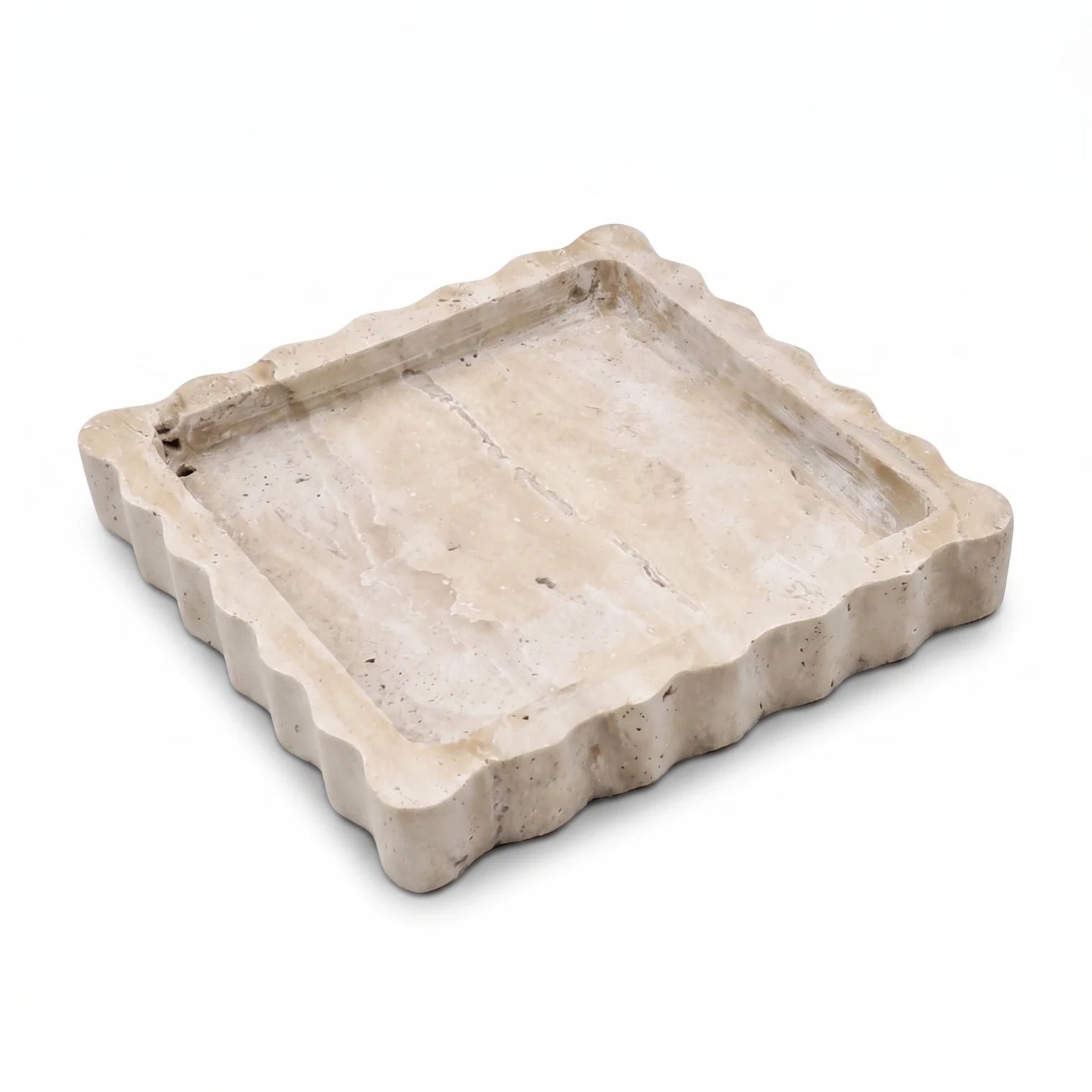 Square Travertine Stone Scalloped Tray – 12 x 12 x 2 cm | Raised Rim | Textured Surface | Beige Decorative Tray
