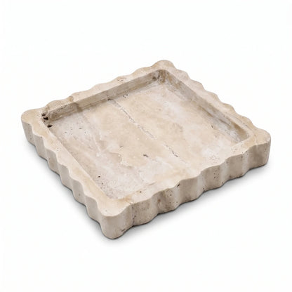 Square Travertine Stone Scalloped Tray – 12 x 12 x 2 cm | Raised Rim | Textured Surface | Beige Decorative Tray