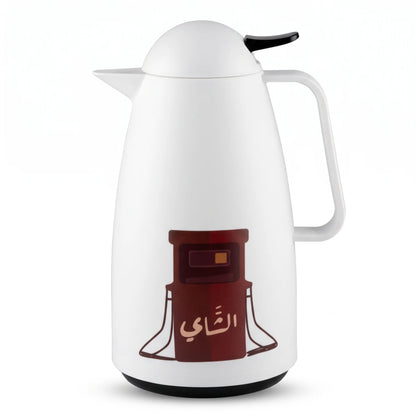 Crystal House white vaccum flask 1 Liter – Plastic Body, Pink Glass Interior, Leak Proof, Chai Calligraphy for Tea and Coffee