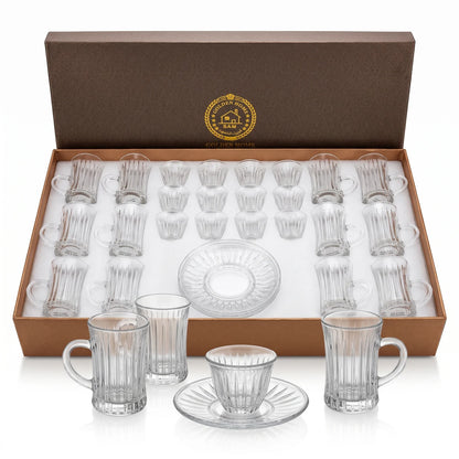 Golden Home 36-Piece Glass Cups and Saucers Set – 12 Tea Cups, 12 Arabic Coffee Cups, 12 Saucers | Clear Ribbed Design for Serving