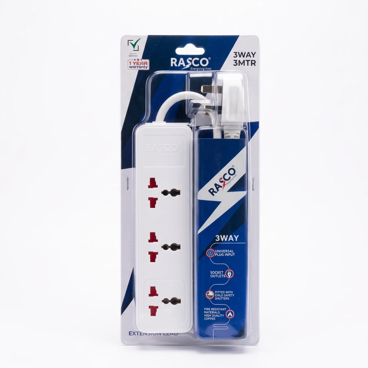 Rasco 3WAY 3MTR Extension Lead – White Power Strip with High-Quality Copper, 3 Socket Outlets, Universal Plug Input and Child Safety Shutters