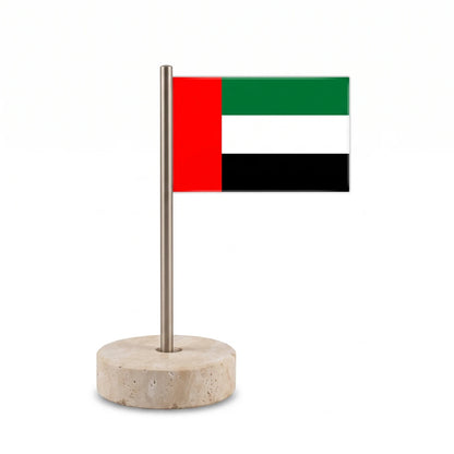 Acrylic Mini UAE Flag with Marble Travertine Round Base – 13cm Desk Display for National Day Celebrations, Office Décor and UAE-Themed Spaces