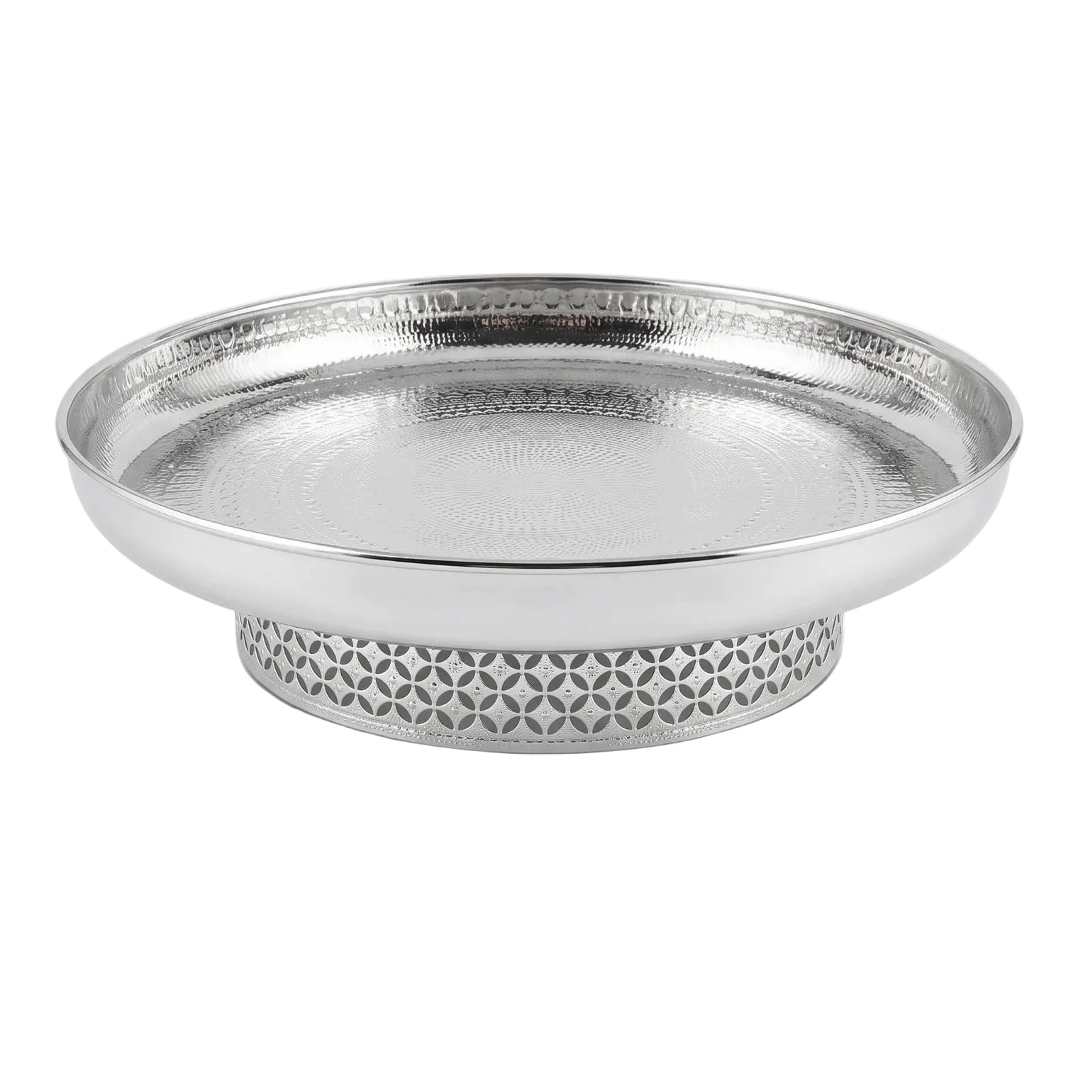 Silver-Toned Metal Serving Tray with Decorative Cutout Pedestal Base – 34 x 34 x 9 cm Raised Fruit and Nut Display Platter