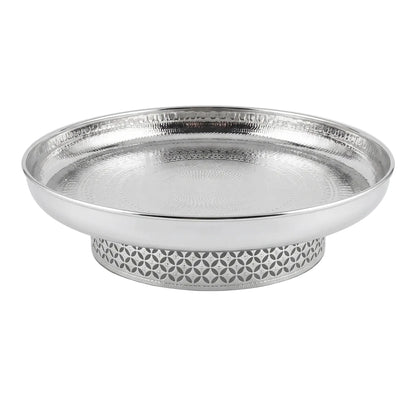 Silver-Toned Metal Serving Tray with Decorative Cutout Pedestal Base – 34 x 34 x 9 cm Raised Fruit and Nut Display Platter