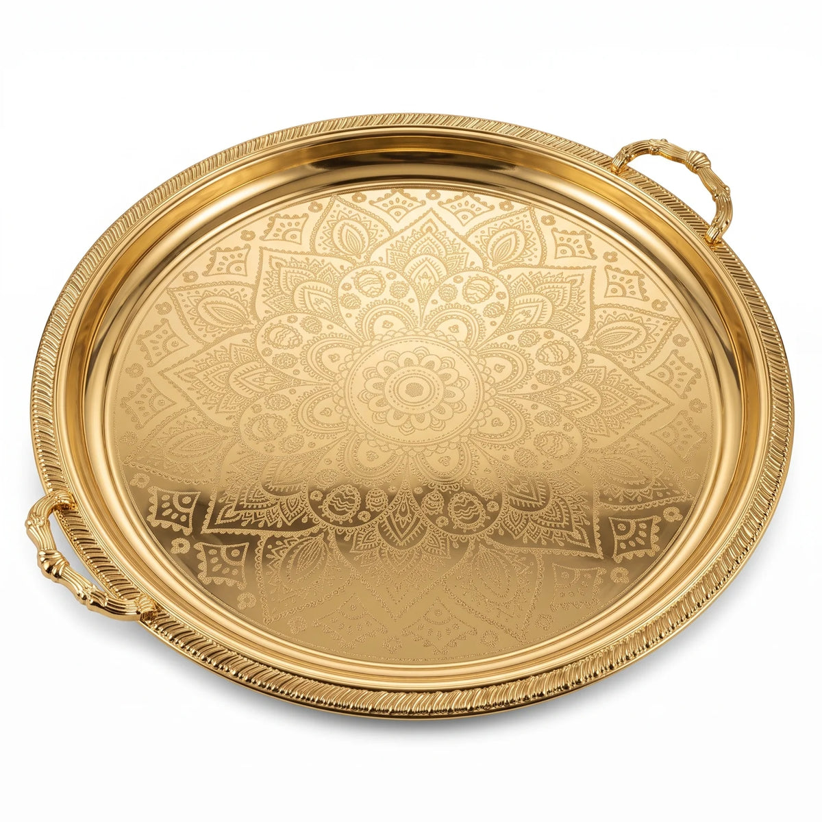 M.E.W Round Stainless Steel Serving Tray – Large & Extra Large | Mandala Floral Pattern | Decorative Handles | Silver, Gold & Silver - Gold - Gold / Extra Large - Image 1