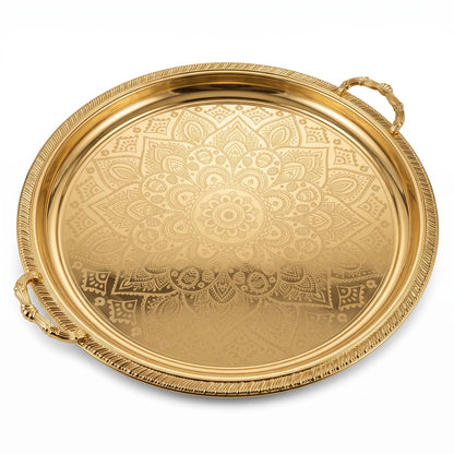 M.E.W Round Stainless Steel Serving Tray – Large & Extra Large | Mandala Floral Pattern | Decorative Handles | Silver, Gold & Silver - Gold - Gold / Extra Large - Image 1