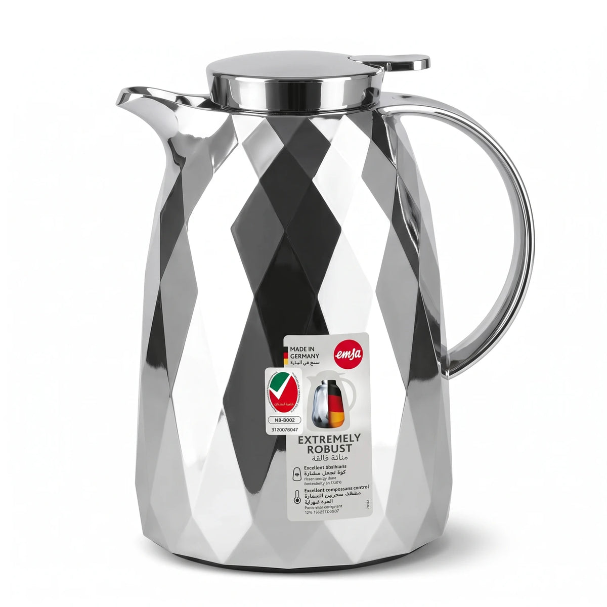 Emsa Auberge Diamond Chrome Flask 1 Liter – Premium Plastic, Leak-Proof, Keeps Drinks Hot 12 Hours and Cold 24 Hours