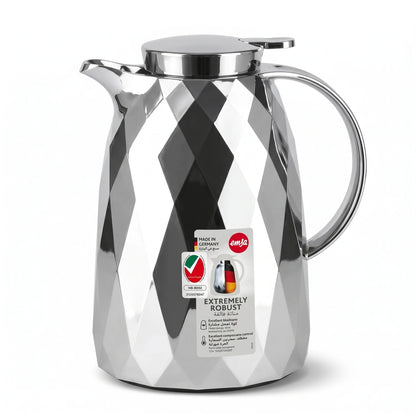 Emsa Auberge Diamond Chrome Flask 1 Liter – Premium Plastic, Leak-Proof, Keeps Drinks Hot 12 Hours and Cold 24 Hours