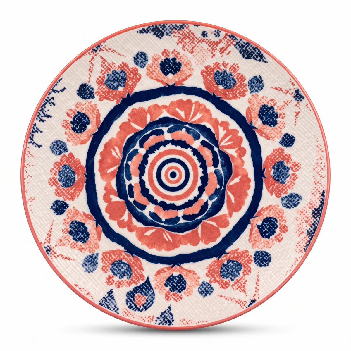 26 CM Porcelain Dinner Plate – White Base with Red, Coral and Dark Blue Floral-Geometric Design