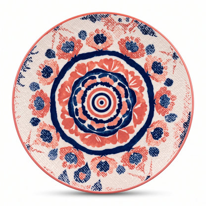 26 CM Porcelain Dinner Plate – White Base with Red, Coral and Dark Blue Floral-Geometric Design