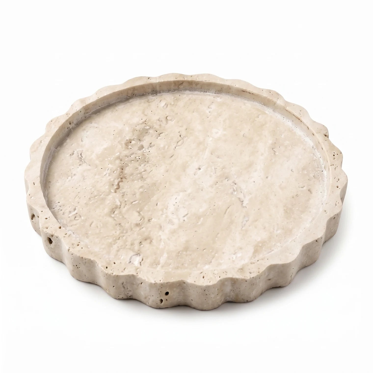 Round Travertine Stone Scalloped Tray – 16cm Decorative Shallow Dish with Textured Surface