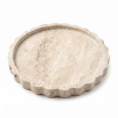 Round Travertine Stone Scalloped Tray – 16cm Decorative Shallow Dish with Textured Surface