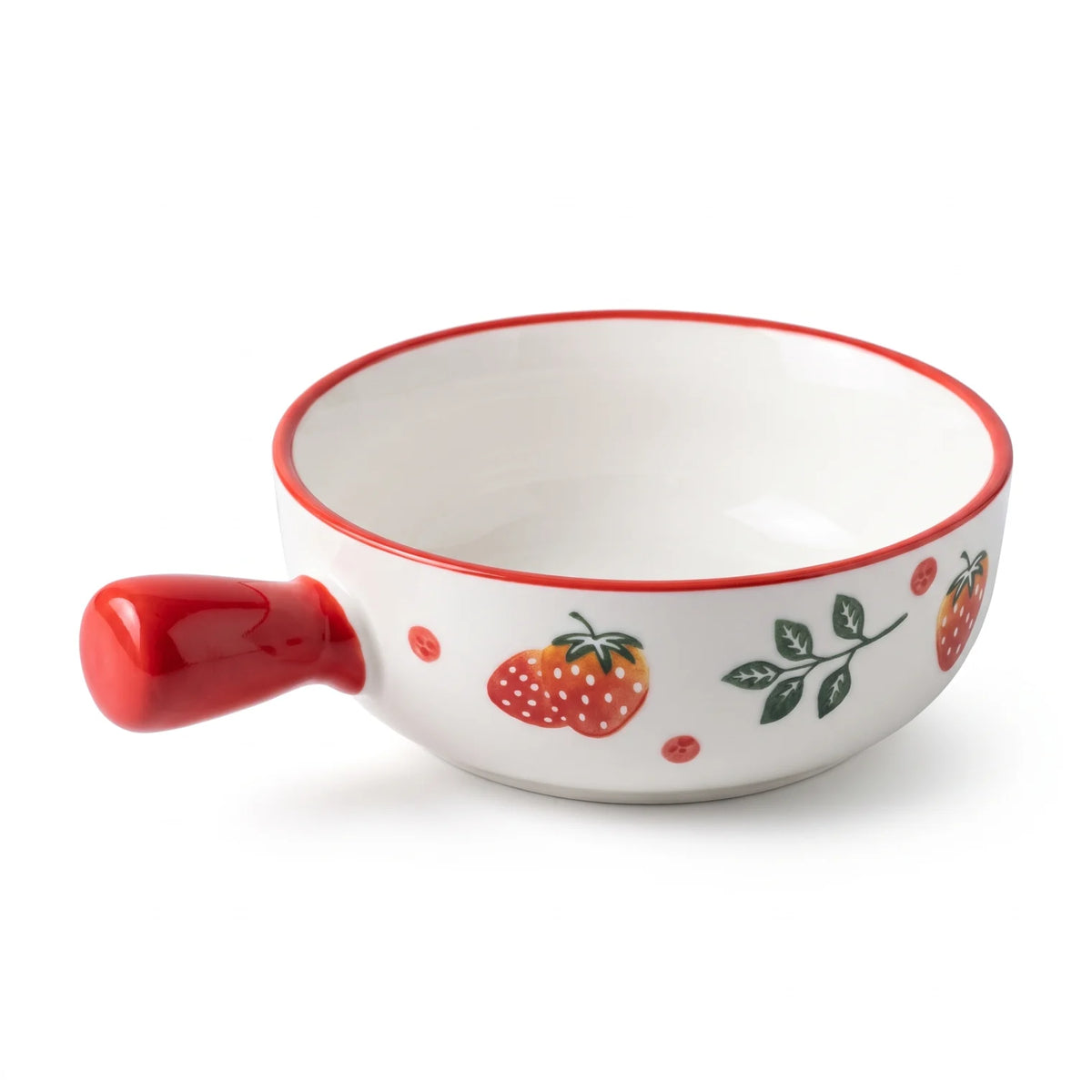 Fine Porcelain 16 CM Bowl with Handle – White Bowl with Red Trim, Strawberry and Leafy-Vine Pattern, Glossy Handled Tableware