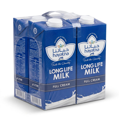 hayatna LONG LIFE MILK Full Cream – Package of 4 Pieces, Each 1 Liters | Resealable Screw Caps | Full-Cream Milk for Home Use