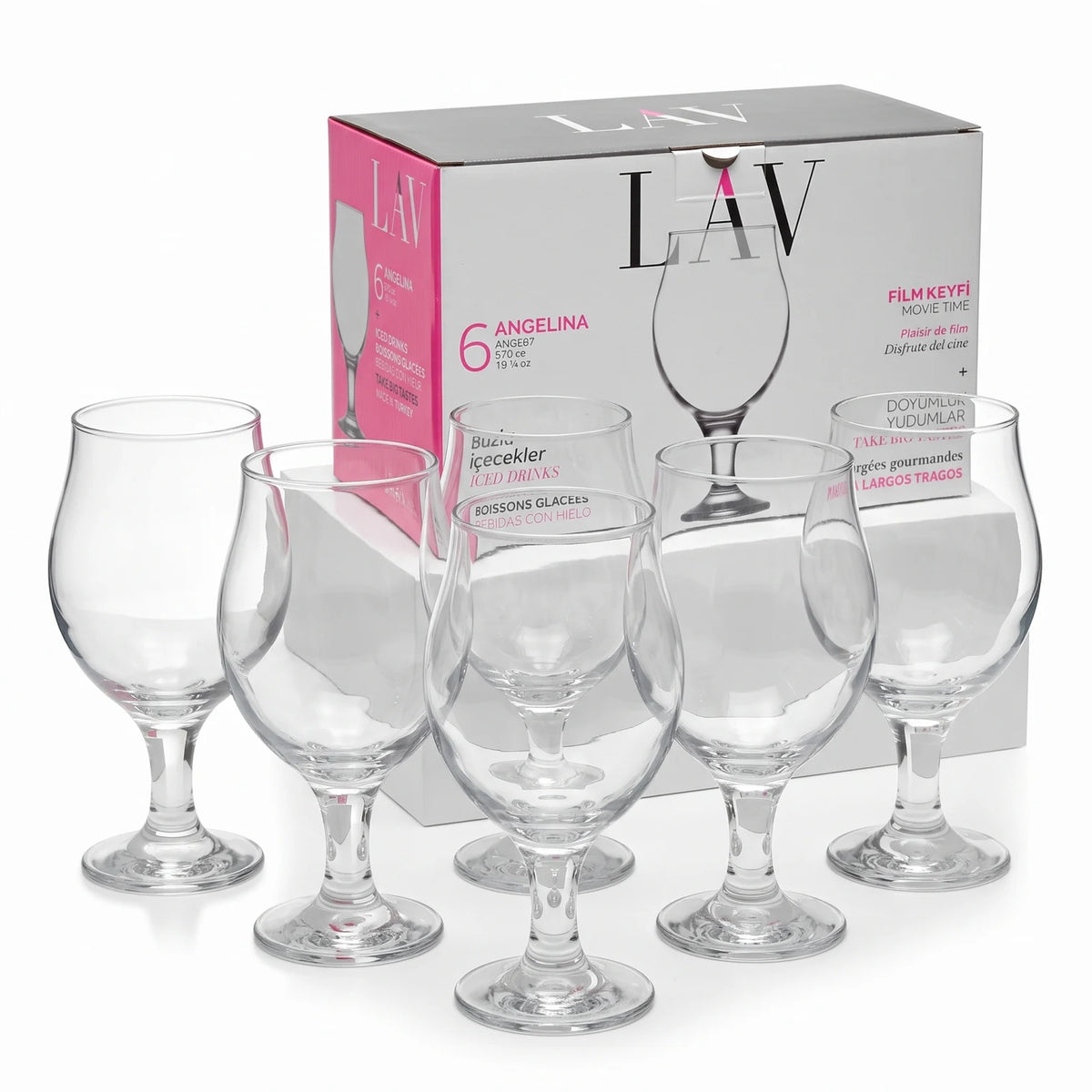 LAV 6 Pieces Set – 570 CC Clear Stemmed Wine Glasses, 183 mm Tall, Dishwasher Safe, Rounded Bowl Design, Made in Turkey