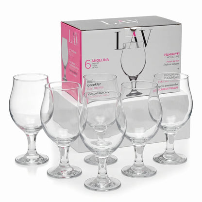 LAV 6 Pieces Set – 570 CC Clear Stemmed Wine Glasses, 183 mm Tall, Dishwasher Safe, Rounded Bowl Design, Made in Turkey
