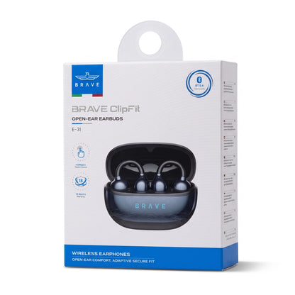 BRAVE ClipFit E-31 Wireless Open-Ear Earbuds – Black | Bluetooth 5.4 | Intelligent Touch Control | Adaptive Secure Fit Earphones