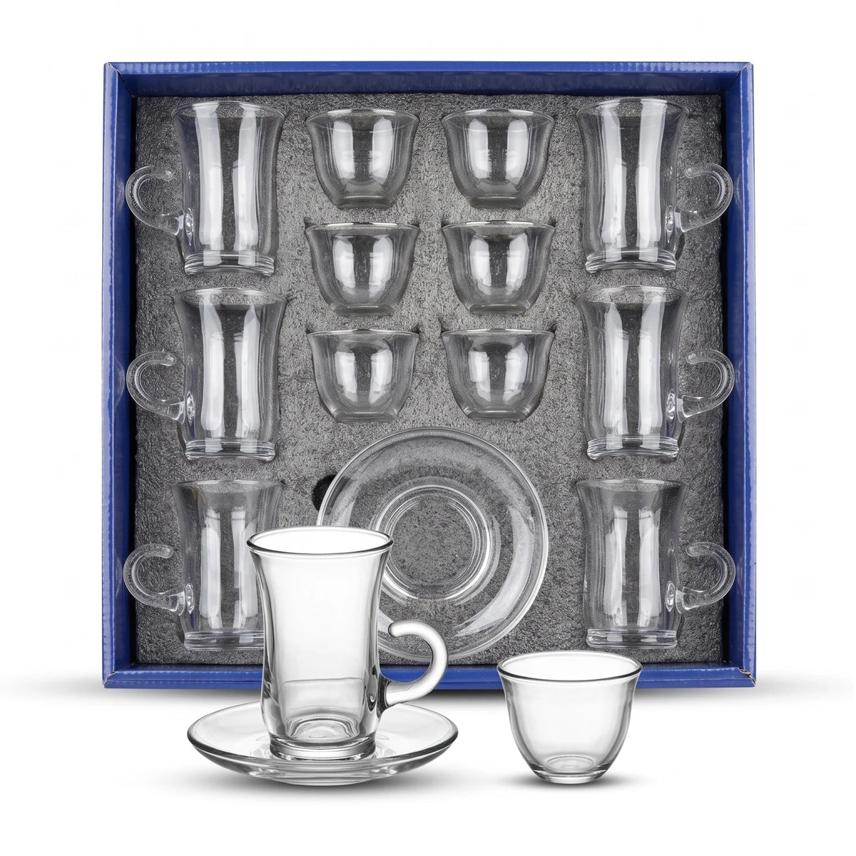 Crystal House 18-Piece Glass Tea & Coffee Set | 6 Tea Cups, 6 Saucers & 6 Arabic Coffee Cups | Clear Glassware in Fitted Box