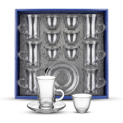 Crystal House 18-Piece Glass Tea & Coffee Set | 6 Tea Cups, 6 Saucers & 6 Arabic Coffee Cups | Clear Glassware in Fitted Box