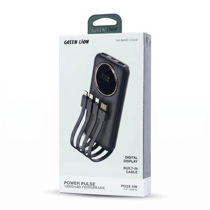 GREEN LION POWER PULSE 10000mAh Power Bank – 22.5W PD Fast Charging, Digital Display & Built-In Charging Cable for Everyday Use