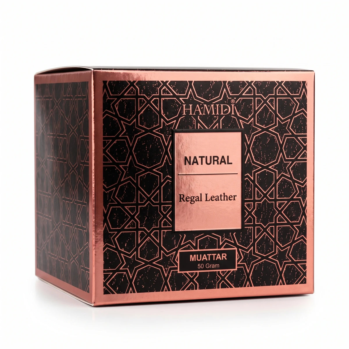 HAMIDI Bakhoor 50 Grams – Regal Leather Muattar Scented Incense in a Geometric Patterned Box