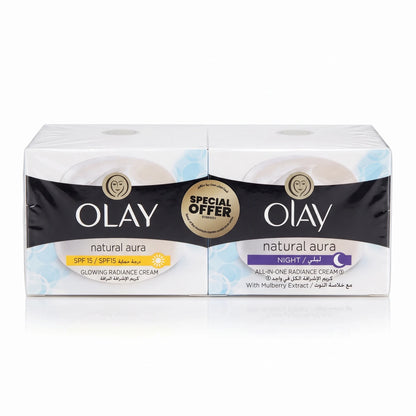 OLAY Natural Aura Morning and Night Cream 50g 2 Pack – Glowing Radiance Day Cream SPF 15, All-in-One Radiance Night Cream