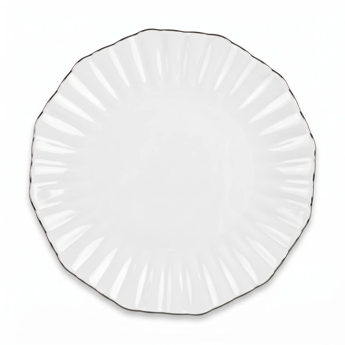 10.2 Inches Dinner Plate – White Glossy Finish, Scalloped Flower-Like Edge and Dark Rim