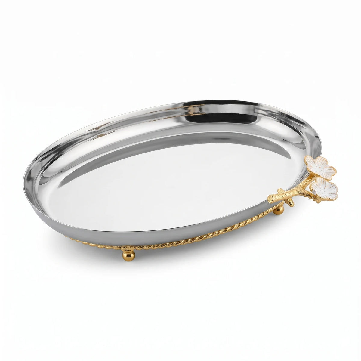 Silver Decorative Metal Tray with Floral Embellishment & Golden Feet – Small, Medium & Large | Raised-Rim Serving and Display Tray - Small - Image 1