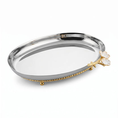Silver Decorative Metal Tray with Floral Embellishment & Golden Feet – Small, Medium & Large | Raised-Rim Serving and Display Tray - Small - Image 1
