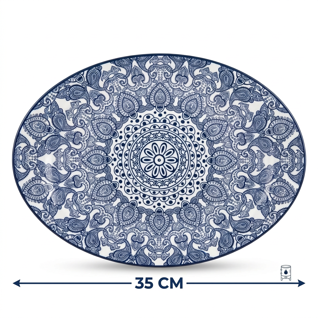 Che Brucia Oval porcelain plate – 30 CM or 35 CM | Green or Blue | Glossy Decorative Porcelain Serving Plate with Raised Rim and Ornamental Pattern
