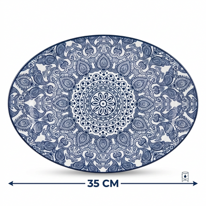 Che Brucia Oval porcelain plate – 30 CM or 35 CM | Green or Blue | Glossy Decorative Porcelain Serving Plate with Raised Rim and Ornamental Pattern