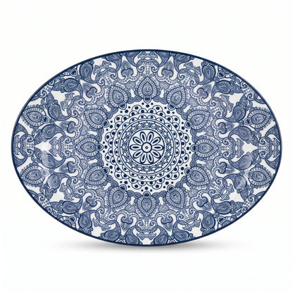 Che Brucia Oval porcelain plate – 30 CM or 35 CM | Green or Blue | Glossy Decorative Porcelain Serving Plate with Raised Rim and Ornamental Pattern - Blue / 35 CM - Image 1