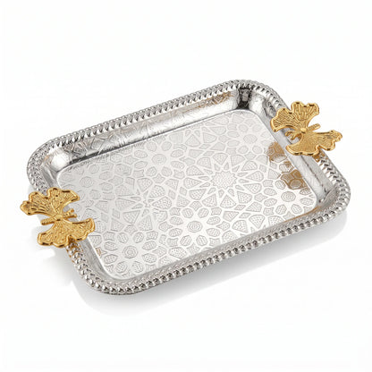 Rectangular Silver-Finished Serving Tray 31 x 17 cm – Geometric Engraving | Gold-Toned Butterfly Handles