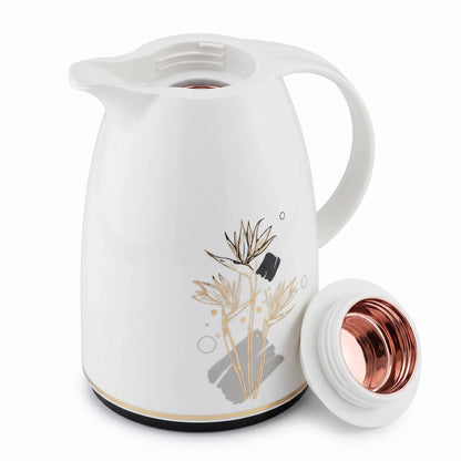 Regal White Vacuum Flask 1.0 Liter – Luxury Floral Design | Leak Proof | Keeps Hot 12 Hours and Cold 24 Hours