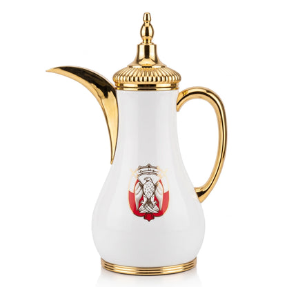 NGT Abu Dhabi Sign Vacuum Flask for Arabic Coffee 1 Liter – White and Gold Decorative Dallah Design with Curved Spout and Ribbed Lid