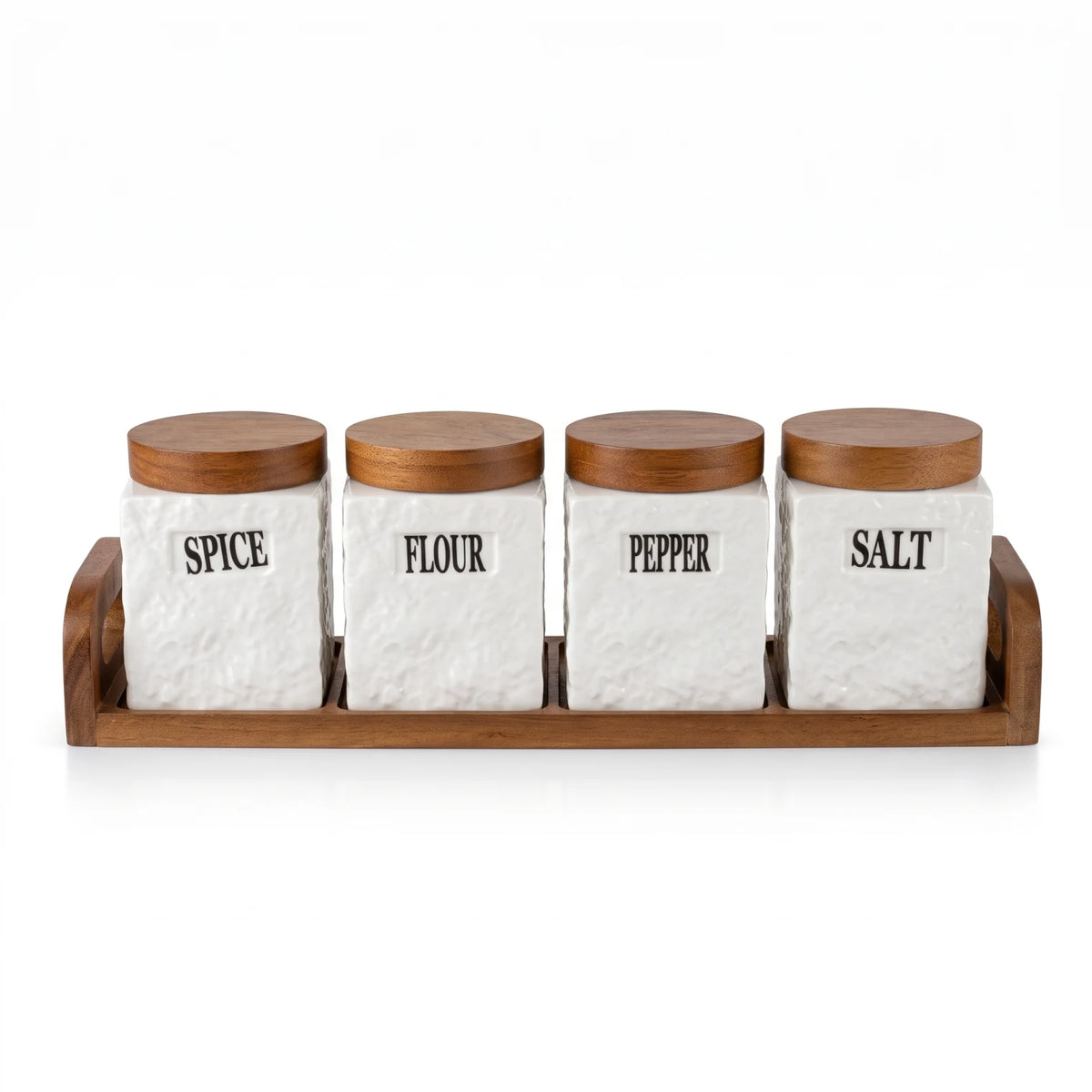 4-Piece Ceramic Canister Set with Wooden Airtight Lids and Tray – Spice, Flour, Pepper and Salt Containers