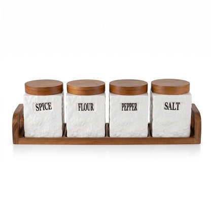 4-Piece Ceramic Canister Set with Wooden Airtight Lids and Tray – Spice, Flour, Pepper and Salt Containers