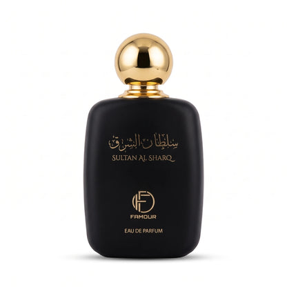 FAMOUR SULTAN AL SHARQ Eau de Parfum 100 ML – Black Perfume Bottle with Gold-Colored Cap | Arabic and English Labeling | 1 Bottle