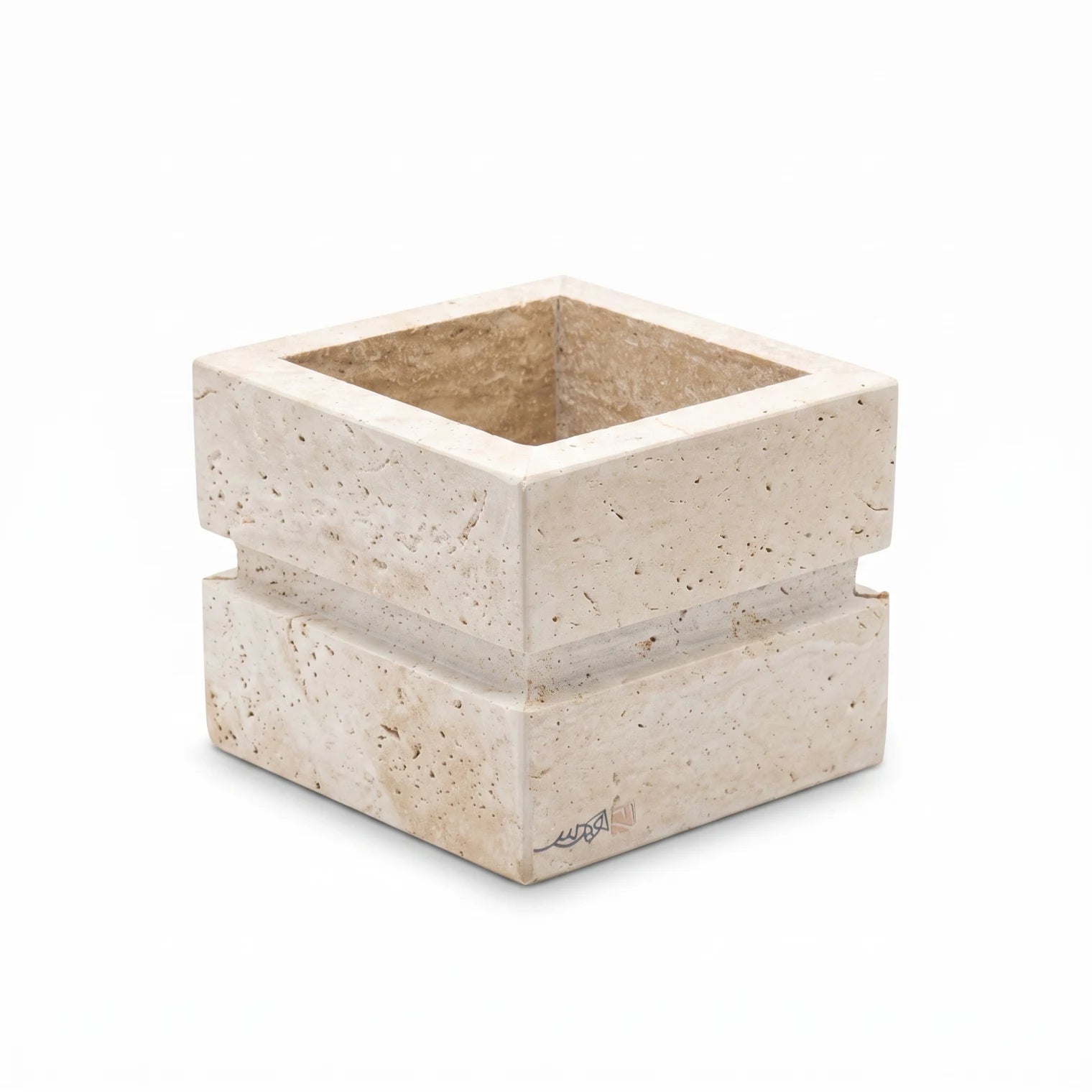 Natural Stone Travertine Vase – 13 x 16 x 16 cm | Off-White & Beige | Square Open-Top Design | Textured Home Décor